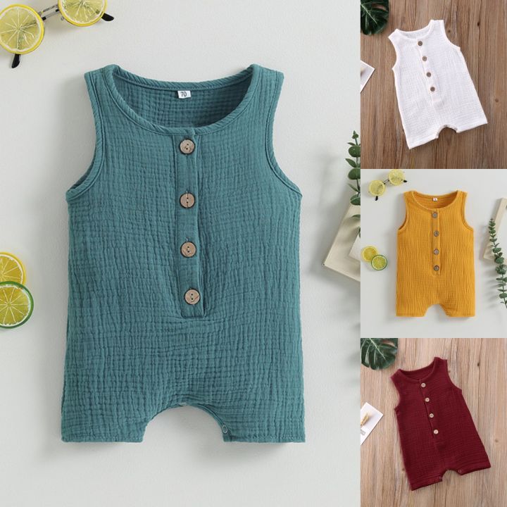 Infant Cy 【Forever CY Baby】Infant Solid Color Romper, Sleeveless Round Collar ...
