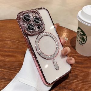 CrashStar Magsafe Plating Glitter Diamond Edge Gorgeous Fashion Soft Shockproof Phone Case For iPhone 16 15 14 Pro Max Plus 13 12 11 Pro Max Wireless Charging Phone Casing Transparent Bling Luxury Phone Cover Shell With Glitter Lens Film Protection