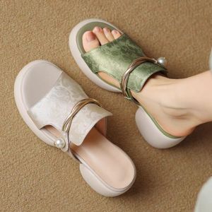 In Summer The National Tide Is Fish-mouthed Thick-soled Sandals and Womens Soft Leather Wears Flip-flops High-heeled Block-heeled Slippers