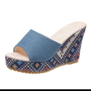 [Free Shipping] WomenS Thick-Soled Wedge Sandals Plus-Size Denim Cross-Strap Slide Sandals