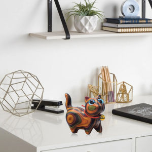 Wood Cat Statue Carved Wooden Cat Statue Rainbow Cat Ornament Home Decor Sculpture For Bookcase Bedroom Living Room Table Cute