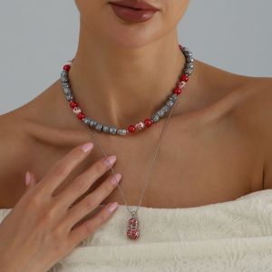 MARBLEX Double Layer Beaded Necklace Snowman Pendant Russian Khokhloma Floral Choker High Quality Chain Women Jewelry Gifts