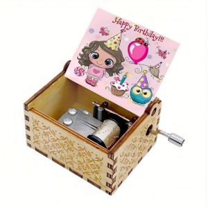 Engraving Birthday Music Box Mechanical Spring UV Painting Hand Crank Music Box Happy Birthday Theme Retro Wooden Music Box Childrens Gifts