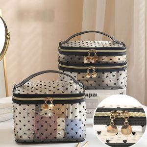QKG24 Hai lớp/một lớp Túi lưới trang điểm tình yêu Sức chứa lớn In hình trái tim màu đen Hộp đựng đồ trang điểm Di động Dây kéo Hộp đựng mỹ phẩm Phụ nữ