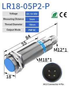 GTRIC M18 Connector Inductive Proximity Sensor NPN PNP M12 4Pins Plug-in Series Flush Distance 5mm 8mm 10-30V DC Metal Switch