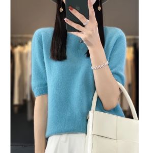 First-line ready-to-wear 100% Merino wool knitted short-sleeved womens loose solid color slim commuter five-point cuff T-shirt2026