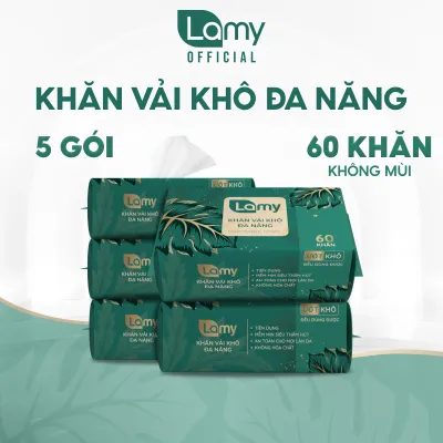 [LAMY OFFICIAL]_Combo 5 túi khăn mặt khô đa năng Lamy 60 tờ dạng gói rút không mùi dùng lau mặt tẩy trang khăn lau cho bé