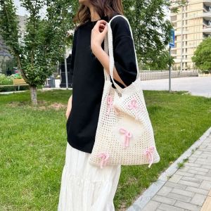 ANNIE HEADDRESS Sweet Knitted Shoulder Bag Hollowed Out Bowknot Pattern Weave Bag Summer Handbag Beach Bag Girls
