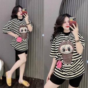 Set Bộ Nữ Thun TĂM LẠNH Quần Ngố + Áo Sọc FORM RỘNG In Gấu LaBuBu Bigsize Women