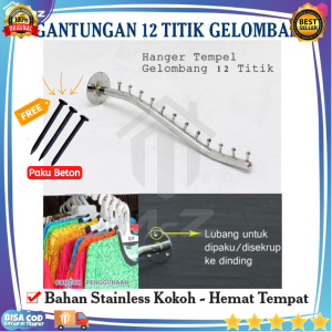 GANTUNGAN BAJU 12 TITIK GELOMBANG 36Cm Stainless Bonus Paku Beton 3Pcs - Gantungan Baju Besi Stainless - Gantungan Baju Tempel Tembok - Gantungan Tempel Dinding - Gantungan Baju Multifungsi - Hanger Gantungan Baju Dinding - Gantungan Baju Hanger - COD