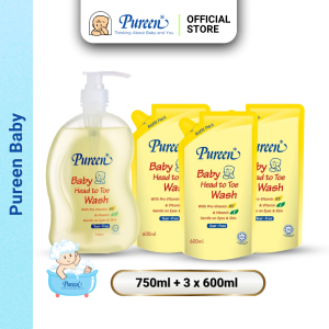 Pureen Baby Head To Toe Wash with Pro-Vitamin B5 & Vitamin E 750ml + 600ml Refill Pack (Bundle Sale)