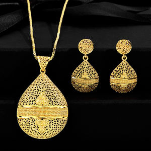 SEQUITO French Style Modern Brides Gold Plated Jewelry Set Statement Large Pear Drop Pendant Necklace Dangle Earrings Dance Party Decoration SJ426