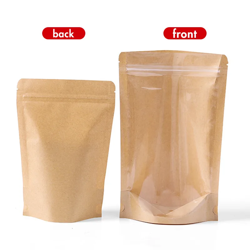 100pcs Half Kraft Paper Half Clear Stand Up Pouch with Full