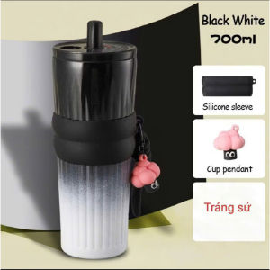 Ly giữ nhiệt tráng sứ 700ml bình giữ nhiệt lót gốm Tặng Kèm Cham có ống hút Móc Treo