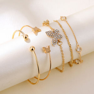 [haoh] 5PC New Bohemian Elegance Open Bracelets Rhinestone Butterfly Bracelet Girl Gift