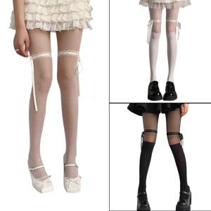 Sheer Patchwork Pattern Pantyhose Sweet Ribbon Bows Accent Tights for Women Mock Knee High Stockings Leggings Hosiery