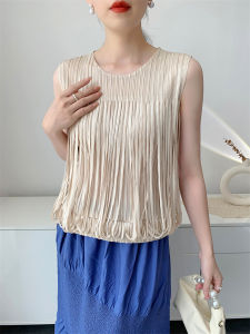 S-563#   Summer Ruched T-Shirt  Women Miyake Style Ruched Top Comfortable Casual Tassel Design Loose Sleeveless Vest One Size (45-75kg)