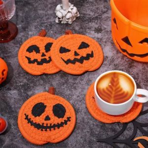 WEYAN 4/8Pcs Creative Pumpkin Shaped Coasters Anti Scald Handwoven Halloween Drink Pads Multi Functional Heat Resistant Decorative Placemats Home Decor