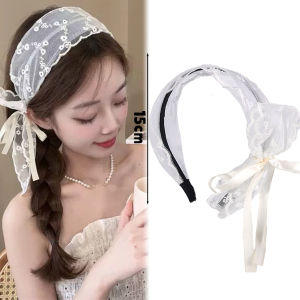 แถบคาดผมลูกไม้แสนหวานสไตล์เกาหลี2ชิ้นมีโบว์ริบบิ้นสำหรับห่อผมสีดำสีขาวแนววินเทจเครื่องประดับเครื่องประดับผมงานแต่งงาน