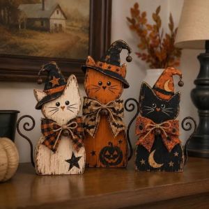 SKJK Vintage Witch Cat Decor Rustic Double Side Wooden Halloween Figurine Halloween Centerpiece Farmhouse Decoration Mantel Decor