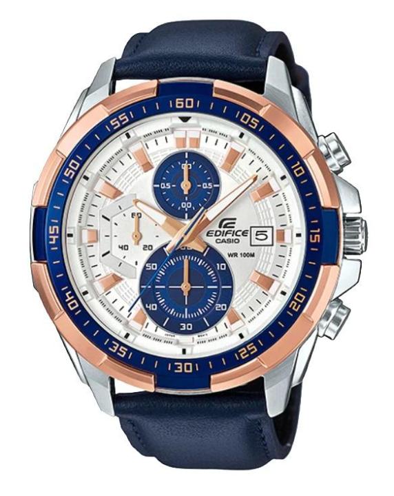 Casio Mens Edifice White Rose Gold Dial Chronograph Navy Blue