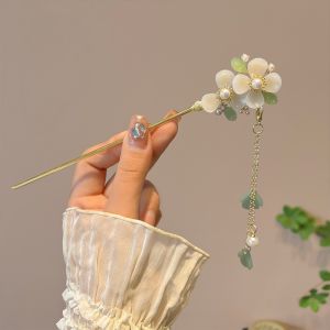 Jepit Rambut Korea 17cm Bahan Alloy Ritme Kuno Bunga Giok Rumbai Tusuk Konde Logam Jurai TKAJ005