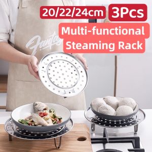 [SG SELLER] 3Pcs Stainless Steel Kitchen Food Steamer Steaming Rack Multifunction Bowl Pot Steaming Tray Stand Basket Kitchen Accessories