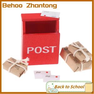 Behoo 1Set 1:12 Dollhouse Miniature Letter Box Red Mailbox With Mail Sack Postcard Fairy Garden Door Furniture House Decor Toy