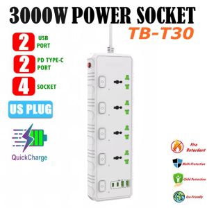 TB-T30 3000W with Safety Control Switch 2 USB Port 2 PD Type-C Port & 4 Universal Socket Power Extension 3.1A Max