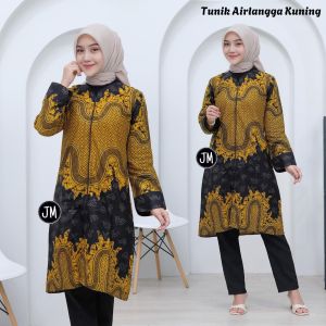 Tunik Batik Airlangga Kuning  Terlaris Atasan Batik Murah Baju Kantor Resleting Depan Busui Friendly Atasan Batik Wanita Jumbo XXL XXXL XXXXL XXXXXL Lengan Panjang Terbaru