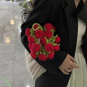 HEFEI Bohemian Túi dệt Bó hoa hồng Dây cotton Móc Túi Đeo Vai Hoa dệt kim Hoa giả Khoét lỗ Túi xô đi biển hoa hồng Quà tặng cho bạn gái và mẹ