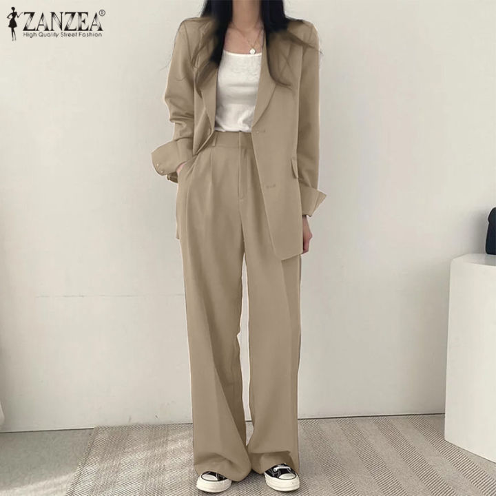 ZANZEA Korean Style Women Office Suits Sets Turn-Down-Collar Solid Blazer  Simple Long Trousers #10
