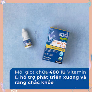 Vitamin D3 hữu cơ Mommy’s Bliss cho bé từ sơ sinh Mỹ hỗ trợ phát triển (BILL US) - - Organic sunflower oil Vitamin D3 Vitamin E (to maintain freshness) - Dung tích: 3.24ml. - Chứng nhận hữu cơ USDA và NSF.
