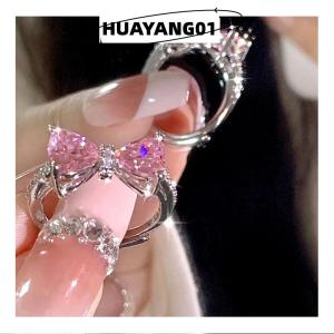 HUAYANG01 [HOT FASHION] แหวนสีชมพูเจ้าหญิงน่ารักปรับได้แหวนรูปโบว์แหวนเพชรสไตล์หวานๆสำหรับผู้หญิงเครื่องประดับสำหรับงานเลี้ยงวันเกิดของขวัญ