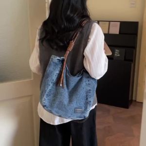 Vsper Washed Denim Fabric Casual Tote Bags For Women Big Capacity Shopper Shoulder Bag With Braided Strap Fashion Daily Handbags2026