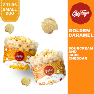 Chef Tonys Ready to Eat Popcorn - 2 Small Tubs Golden Caramel and Sour Cream & Jack Cheddar