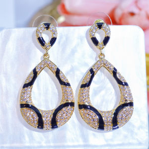 Sequito Phụ Nữ Tinh Tế mạ vàng trang trí tai Đầy Đủ Pave Nhỏ Sáng Bóng AAA Zirconia Hollow Dài Waterdrop Bông tai giọt nước lớn Cho trang SỨC TIỆC Tiệc Se922