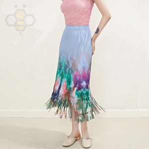 ✺✧ Aiden001 BQ015C-2 Average Size (45-75Kg) High Waist Summer Elastic Waist Slim Straight Skirt Miyake Print Pleated Tassel Skirt