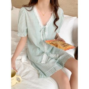 ins Summer French Style R Pajamas Suit Sweet Lace High-Grade Short Sleeve Ladies Homewear ㏇L0514