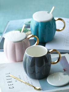 【Fast delivery】Creative Ceramic Mugs With Lid Handmade Coffee Cups Pumpkin Shaped Tea Milk Breakfast Mug Oatmeal Yogurt Cup Unique Novelty Gift