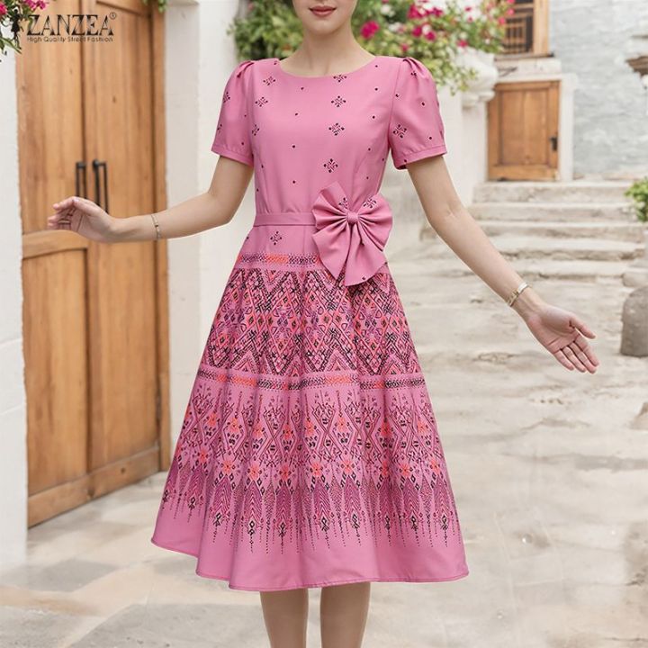 ZANZEA Korean Style Women Fashion Short Sleeve Print Dresses Classy Crew  Neck Knee Lenght A-Line Dress #0929 | Lazada Singapore