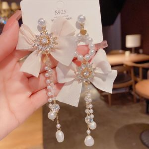 Silver Needle Diamond Pearl Bow Tassel Earrings Korean Fashion Earrings New Earrings Female Exaggerated Earring for Women Jewellery