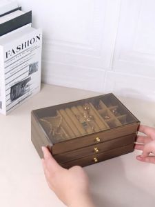 Shopclassyshop High-end jewelry storage box with walnut wood grain multi-layer compartments for rings studs earrings and accessories