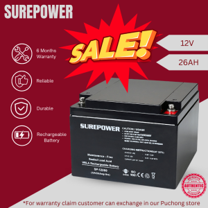 Surepower Maintenance Free Sealed Lead Acid Battery (12V 26AH) Rechargeable batteri/ UPS/ CCTV/ FIRE ALARM/ PABX system/ barrier system