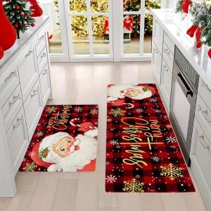 DAMONJ Xmas Tree Pattern Christmas Kitchen Rugs Santa Claus Home Decoration Xmas Floor Mats Gingerbread Non-slip Christmas Entrance Carpets Balcony Bathroom