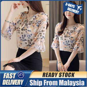 V-neck Blouse for Women Floral Chiffon Shirts Short-sleeve Blouse