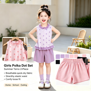AILEBE Kids Sets Terno Polka Dot Sleeveless Lace Top Loose Shorts Set Breathable Quick-Dry Summer Wear Comfy Elastic Waist Pambahay OOTD For Girls 1-10 Years