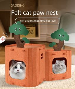 Cat and dog sleeping quarters tree stump style suitable for all seasons comfortable cat bed three-dimensional shape non-deformable two layers scratch-resistant semi-sealed providing a sense of security.