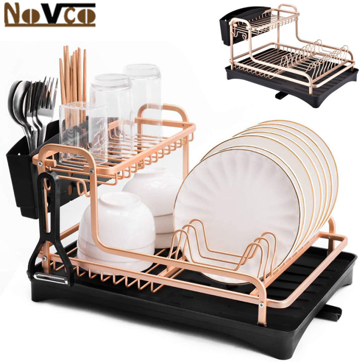 Novco Tier Dish Drying Rack, Aluminum Rust Proof Dish Rack and Drainboard  Set with Removable Cutlery Holder and 360 Swivel Spout Drain Board for