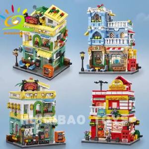 HUIQIBAO City Street View Supermarket Coffee Burger Shop Hotel Model Building Blocks DIY Architecture Bricks Toys Gift
